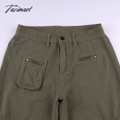 Vintage Green Cargo Pants Jeans Slim Drawstring Lace Pockets Casual Retro Fall High Waist Clothes Women