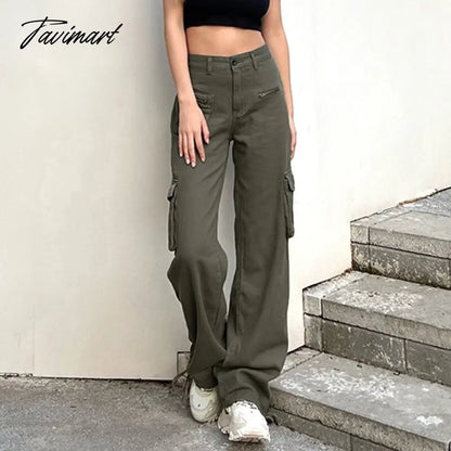 Vintage Green Cargo Pants Jeans Slim Drawstring Lace Pockets Casual Retro Fall High Waist Clothes Women