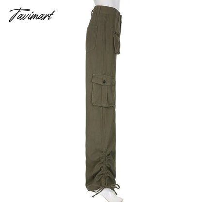 Vintage Green Cargo Pants Jeans Slim Drawstring Lace Pockets Casual Retro Fall High Waist Clothes Women