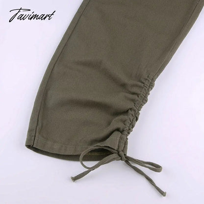 Vintage Green Cargo Pants Jeans Slim Drawstring Lace Pockets Casual Retro Fall High Waist Clothes Women