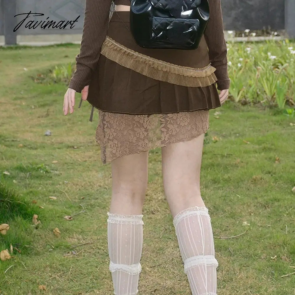 Vintage Low Waist Irregular Lace Stitching Cute Short Skirt Women Spring New High Street Chic Lace-up Casual A-line Skirt