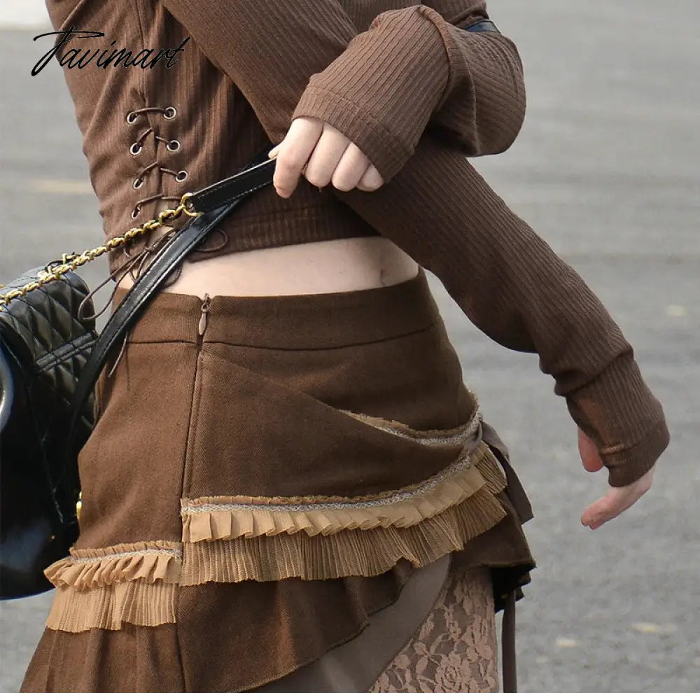 Vintage Low Waist Irregular Lace Stitching Cute Short Skirt Women Spring New High Street Chic Lace-up Casual A-line Skirt