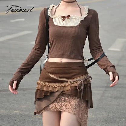 Vintage Low Waist Irregular Lace Stitching Cute Short Skirt Women Spring New High Street Chic Lace-up Casual A-line Skirt