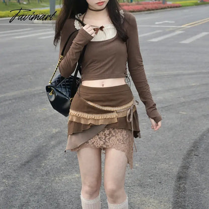 Vintage Low Waist Irregular Lace Stitching Cute Short Skirt Women Spring New High Street Chic Lace-up Casual A-line Skirt