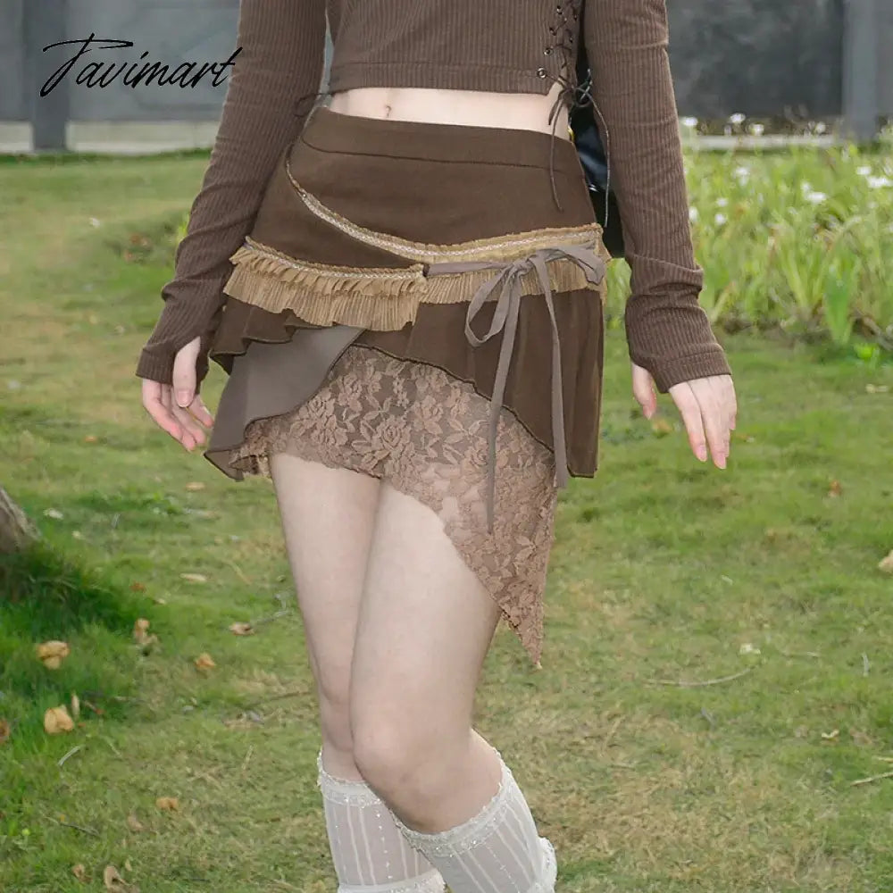 Vintage Low Waist Irregular Lace Stitching Cute Short Skirt Women Spring New High Street Chic Lace-up Casual A-line Skirt