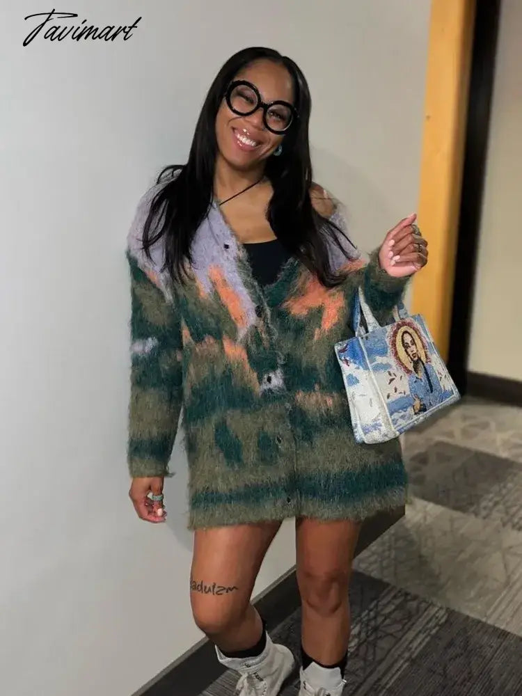 Vintage Mohair Print Knit Cardigan For Women Fashion Long Sleeves Single Breasted Loose Sweater Autumn Chic High Streetwear