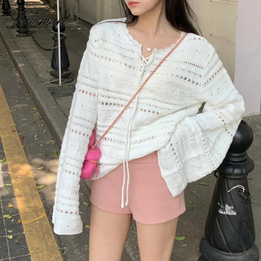 Vintage O-neck Lace-up Loose White Long-sleeved Sweater Women Winter New Streetwear Sexy Hollow Casual Knitted Tops