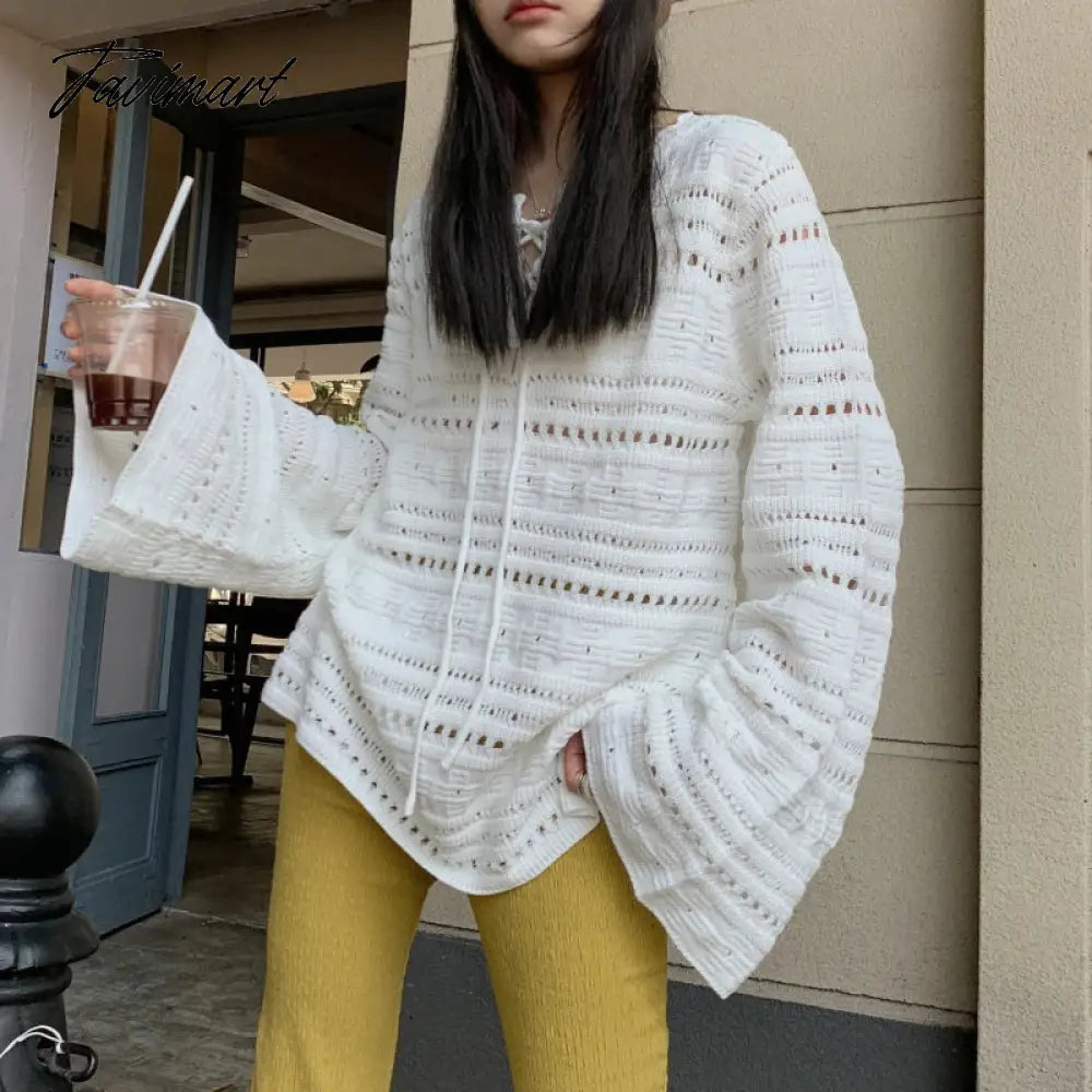 Vintage O-neck Lace-up Loose White Long-sleeved Sweater Women Winter New Streetwear Sexy Hollow Casual Knitted Tops
