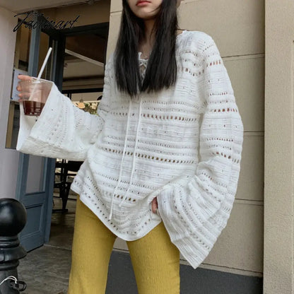 Vintage O-neck Lace-up Loose White Long-sleeved Sweater Women Winter New Streetwear Sexy Hollow Casual Knitted Tops