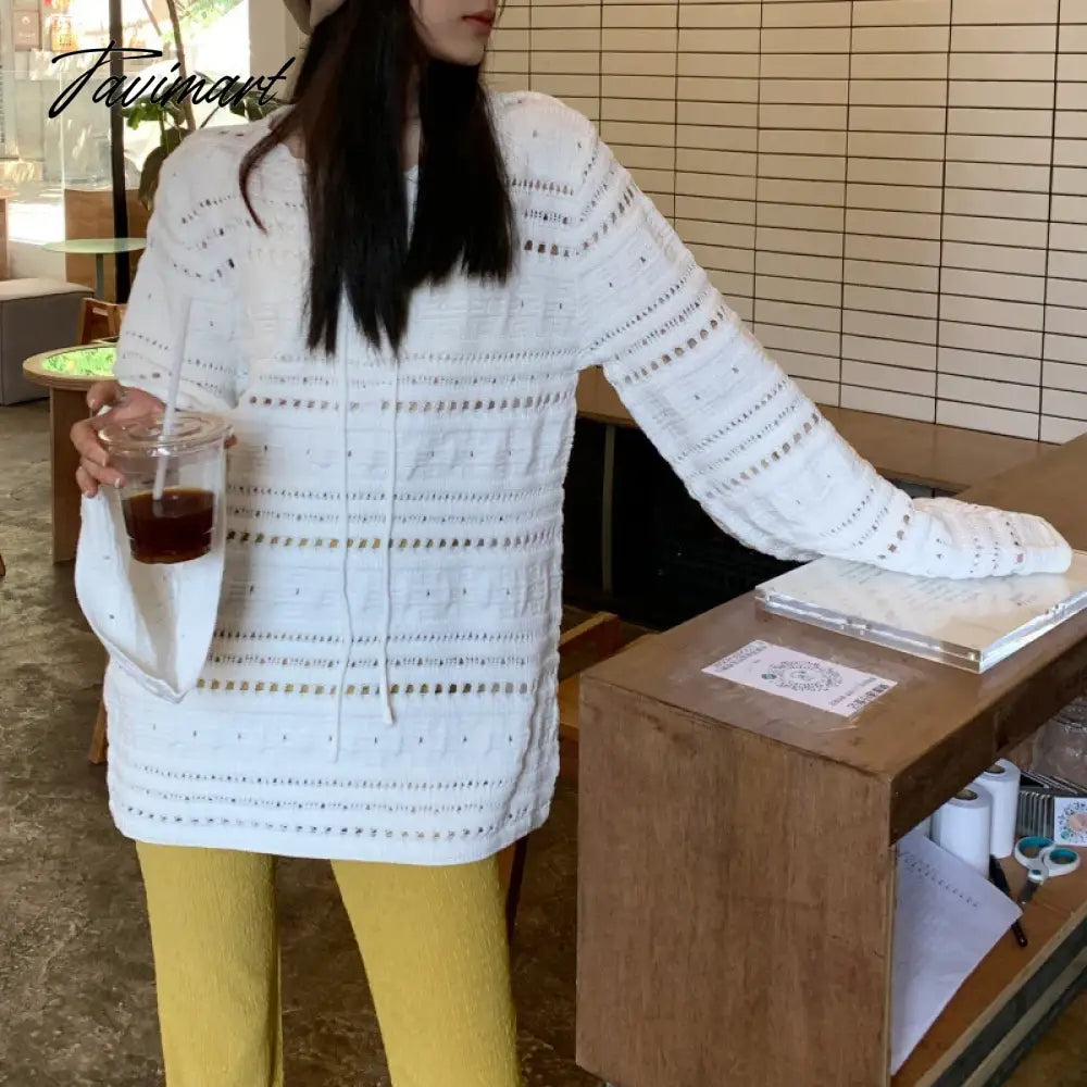 Vintage O-neck Lace-up Loose White Long-sleeved Sweater Women Winter New Streetwear Sexy Hollow Casual Knitted Tops