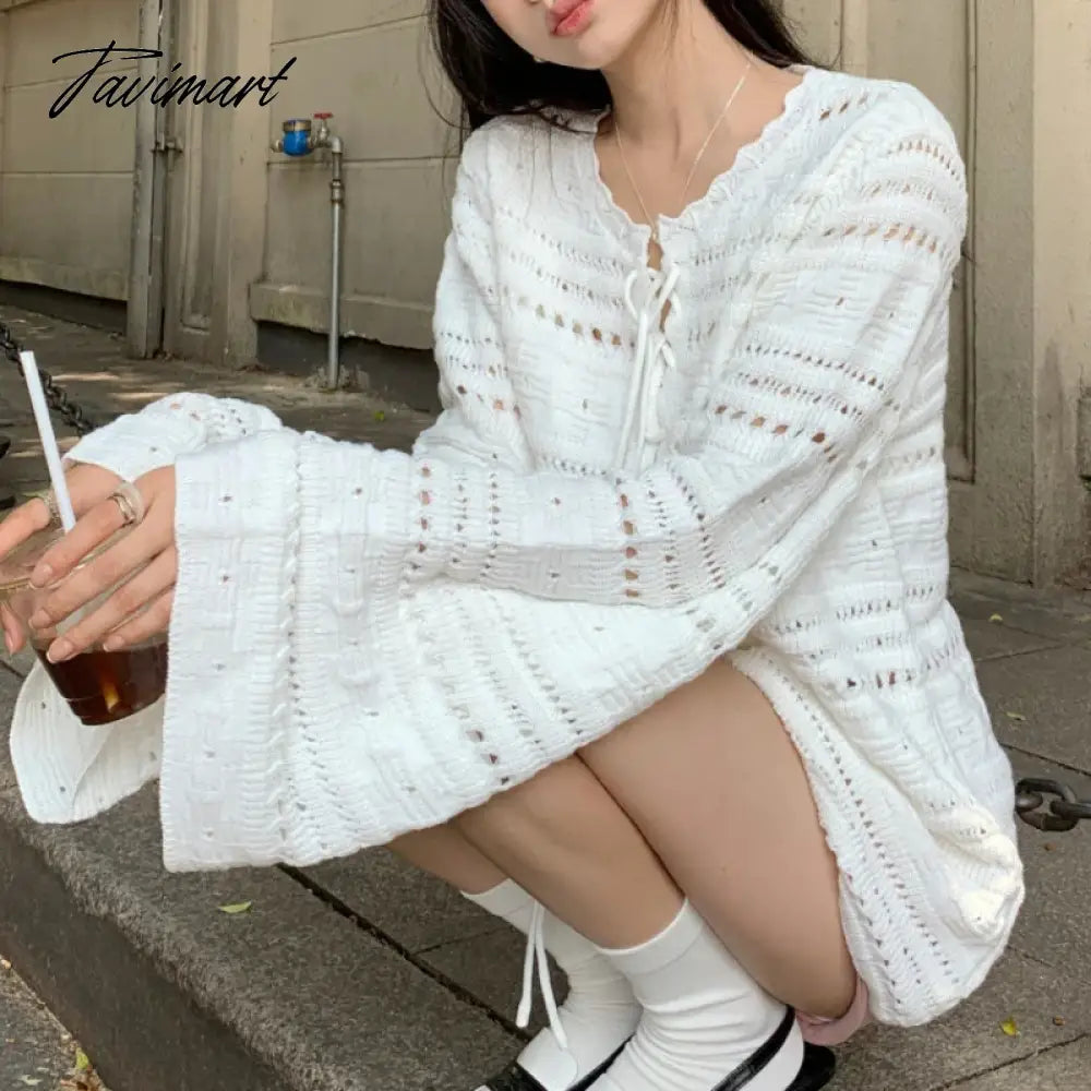 Vintage O-neck Lace-up Loose White Long-sleeved Sweater Women Winter New Streetwear Sexy Hollow Casual Knitted Tops