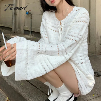 Vintage O-neck Lace-up Loose White Long-sleeved Sweater Women Winter New Streetwear Sexy Hollow Casual Knitted Tops