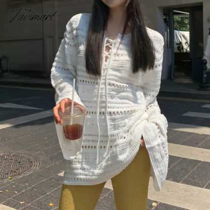 Vintage O-neck Lace-up Loose White Long-sleeved Sweater Women Winter New Streetwear Sexy Hollow Casual Knitted Tops