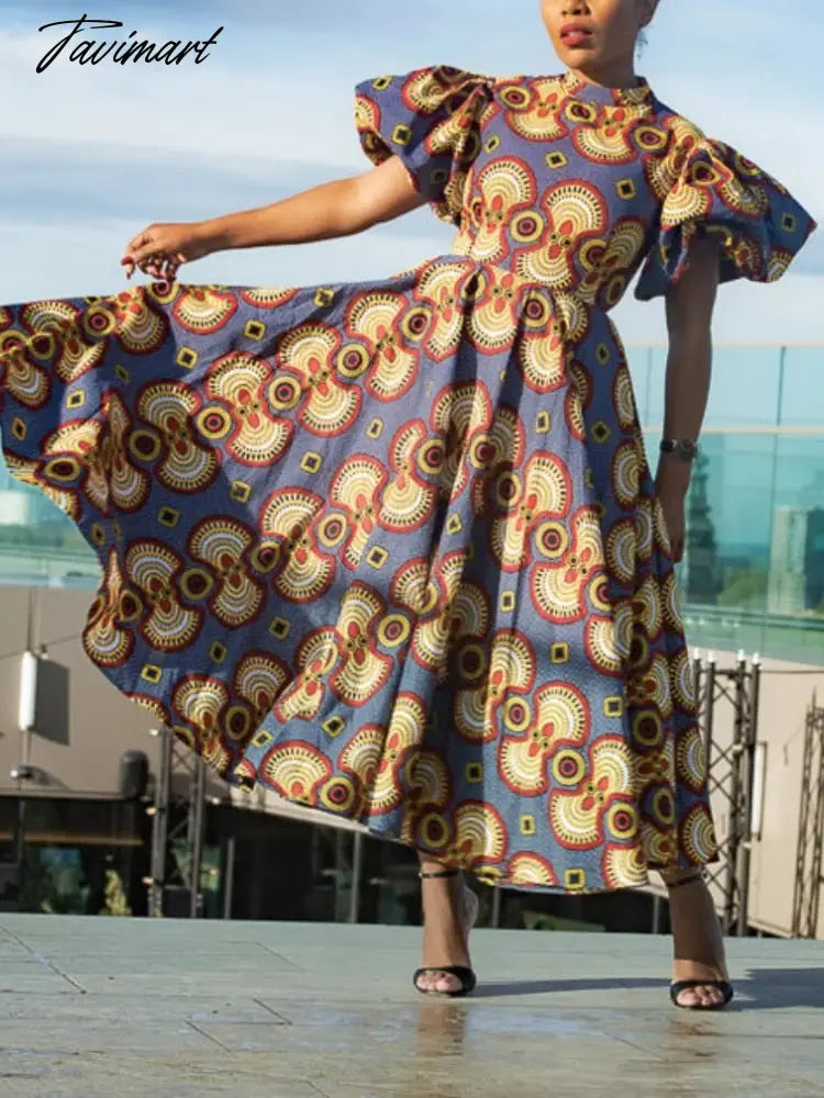 Vintage Printed A Line Dress with Pockets Summer High Neck Short Puff Sleeve Swing Tea Dress Midi Length Retro Classy Sundresses