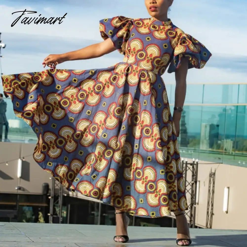 Vintage Printed A Line Dress with Pockets Summer High Neck Short Puff Sleeve Swing Tea Dress Midi Length Retro Classy Sundresses