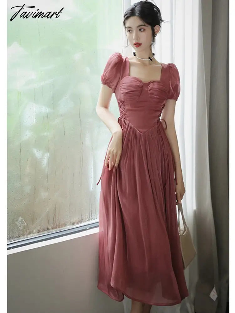 Vintage Runway Style High End Luxury Design Summer Dress Women Square Neck Short Sleeve Big Swing Elegant Long Dress