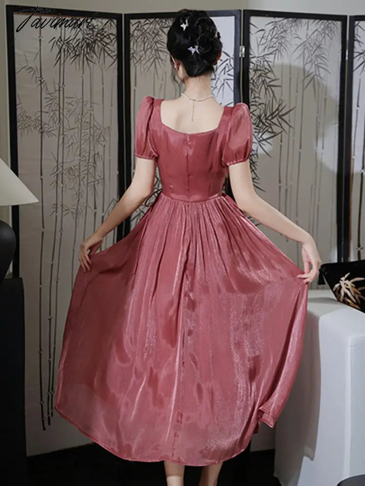 Vintage Runway Style High End Luxury Design Summer Dress Women Square Neck Short Sleeve Big Swing Elegant Long Dress