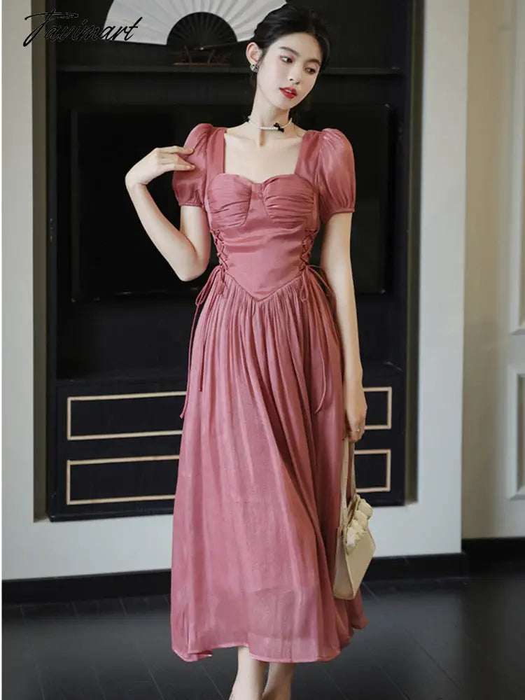 Vintage Runway Style High End Luxury Design Summer Dress Women Square Neck Short Sleeve Big Swing Elegant Long Dress