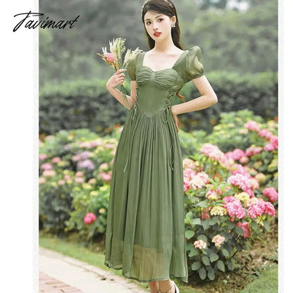 Vintage Runway Style High End Luxury Design Summer Dress Women Square Neck Short Sleeve Big Swing Elegant Long Dress