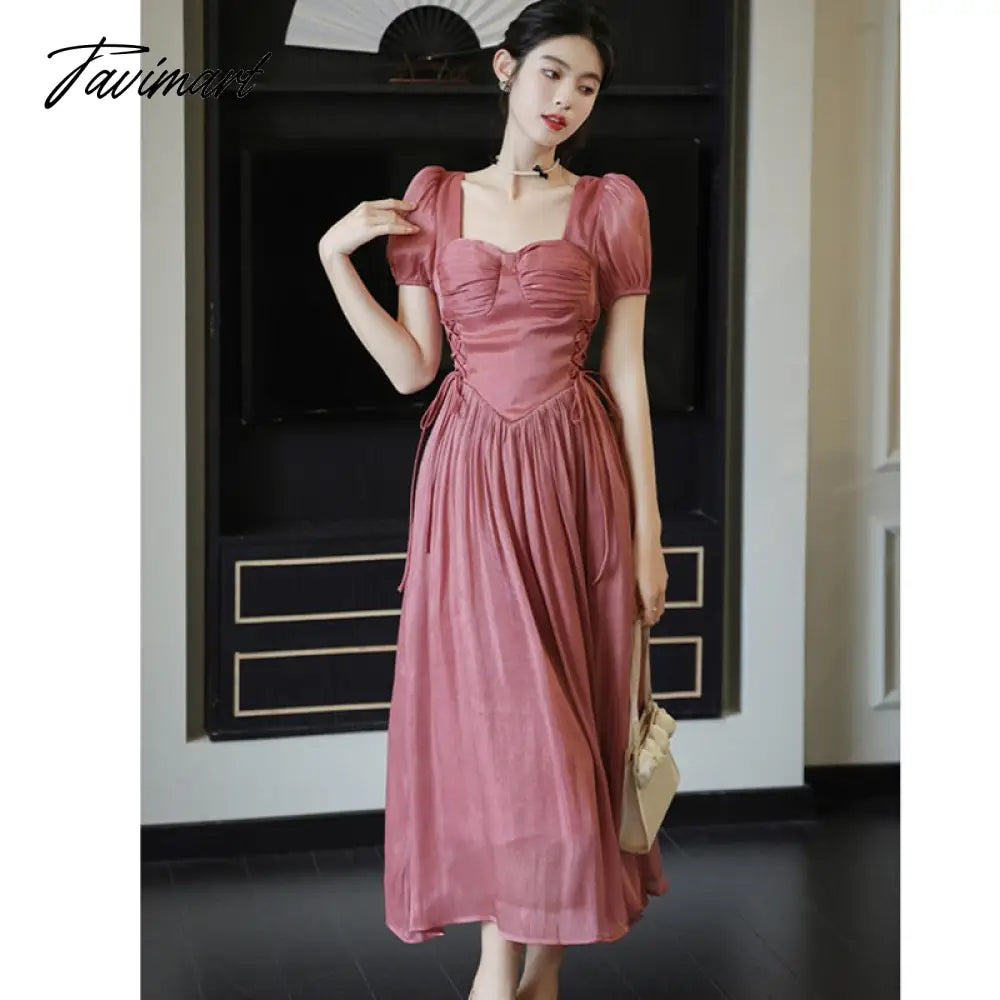 Vintage Runway Style High End Luxury Design Summer Dress Women Square Neck Short Sleeve Big Swing Elegant Long Dress