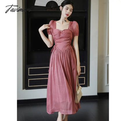 Vintage Runway Style High End Luxury Design Summer Dress Women Square Neck Short Sleeve Big Swing Elegant Long Dress
