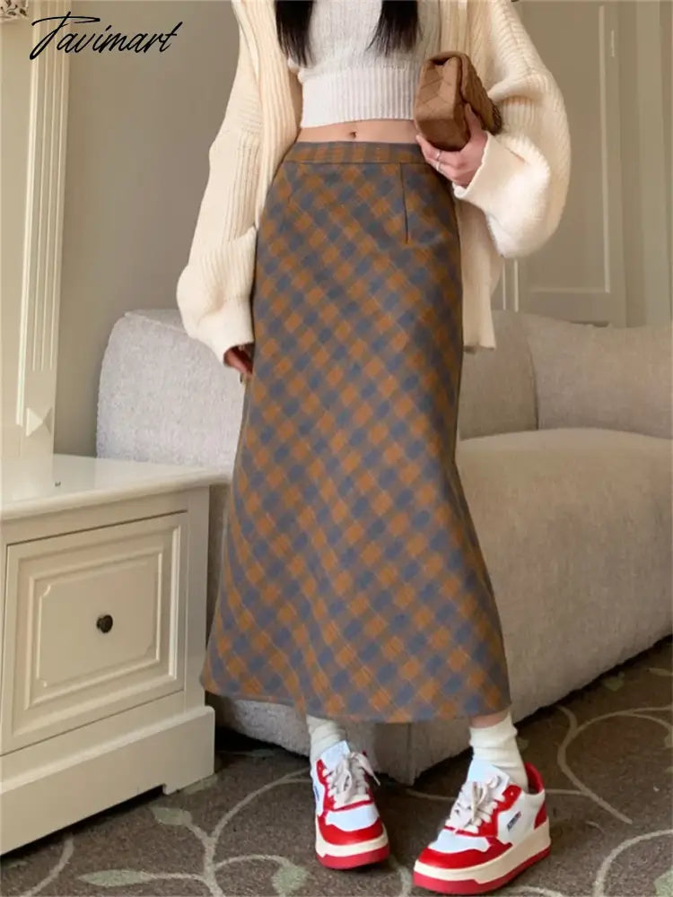 Vintage Slim Long Skirts Women Split Plaid Chic Elegant OL Daily High Waist Spring Office Lady Fashion