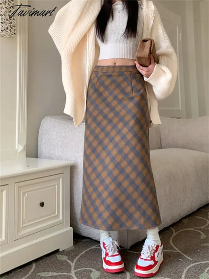 Vintage Slim Long Skirts Women Split Plaid Chic Elegant OL Daily High Waist Spring Office Lady Fashion