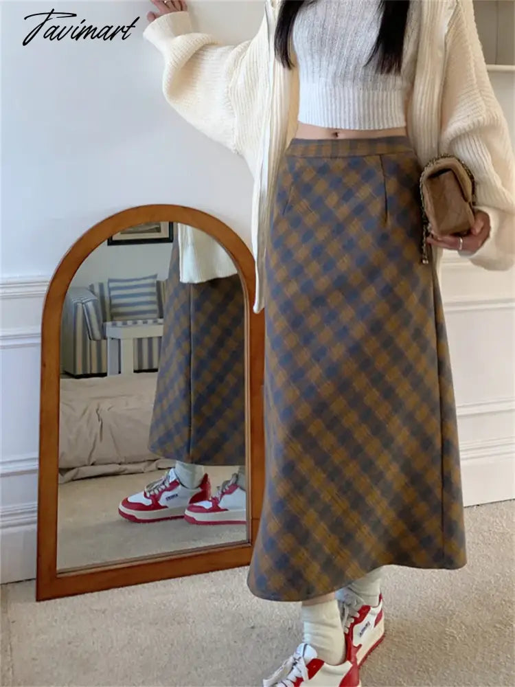 Vintage Slim Long Skirts Women Split Plaid Chic Elegant OL Daily High Waist Spring Office Lady Fashion
