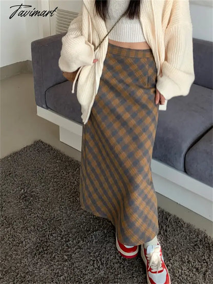 Vintage Slim Long Skirts Women Split Plaid Chic Elegant OL Daily High Waist Spring Office Lady Fashion