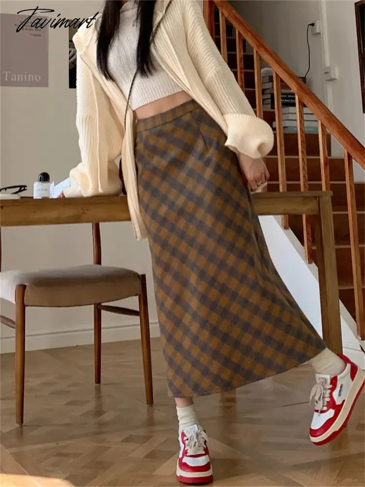 Vintage Slim Long Skirts Women Split Plaid Chic Elegant OL Daily High Waist Spring Office Lady Fashion