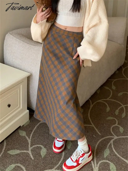 Vintage Slim Long Skirts Women Split Plaid Chic Elegant OL Daily High Waist Spring Office Lady Fashion