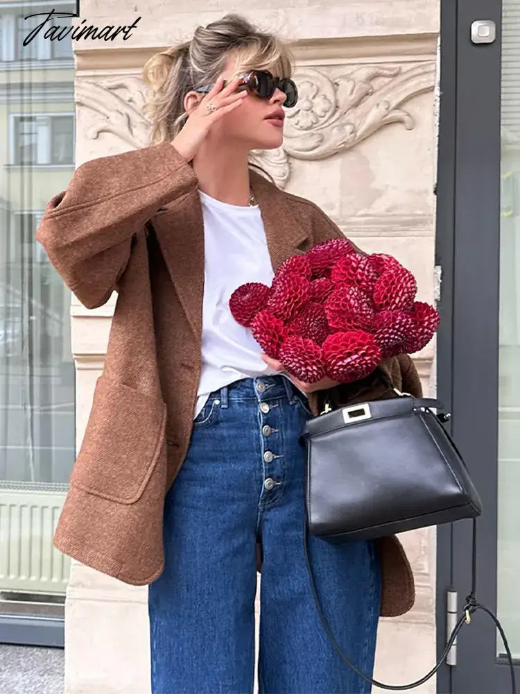 Vintage Solid Women's Pocket Blazer Fashion Lapel Long Sleeve Single Breasted Jacket Autumn Female Elegant Warm Coat