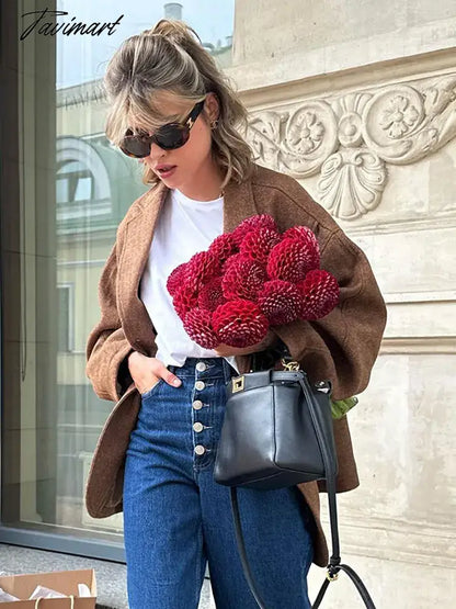 Vintage Solid Women's Pocket Blazer Fashion Lapel Long Sleeve Single Breasted Jacket Autumn Female Elegant Warm Coat