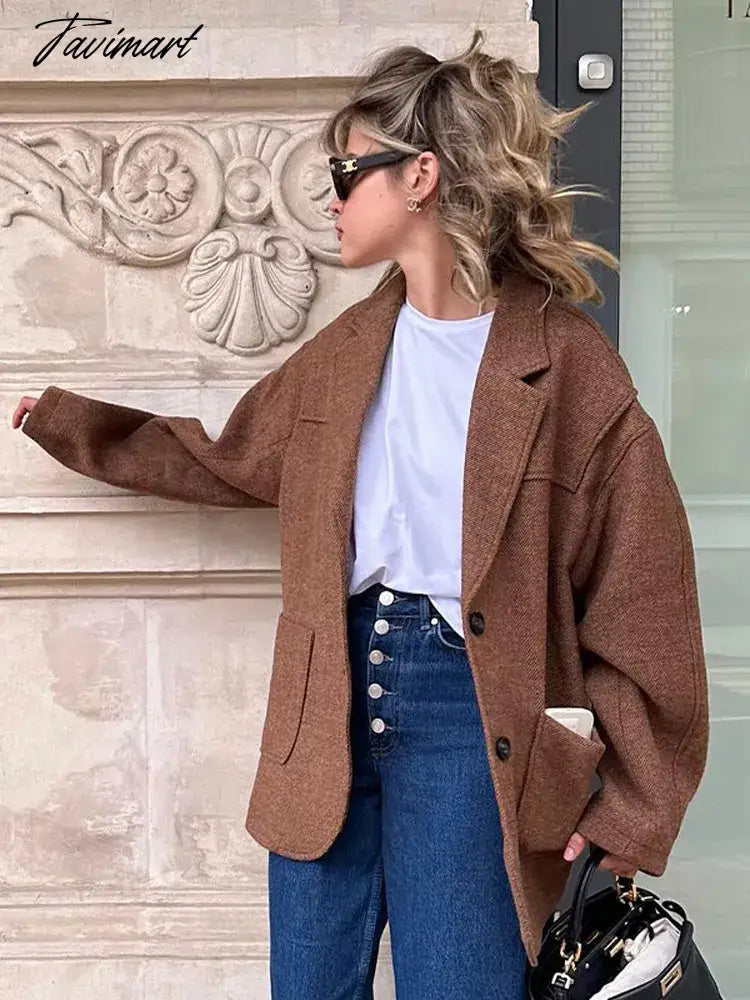 Vintage Solid Women's Pocket Blazer Fashion Lapel Long Sleeve Single Breasted Jacket Autumn Female Elegant Warm Coat