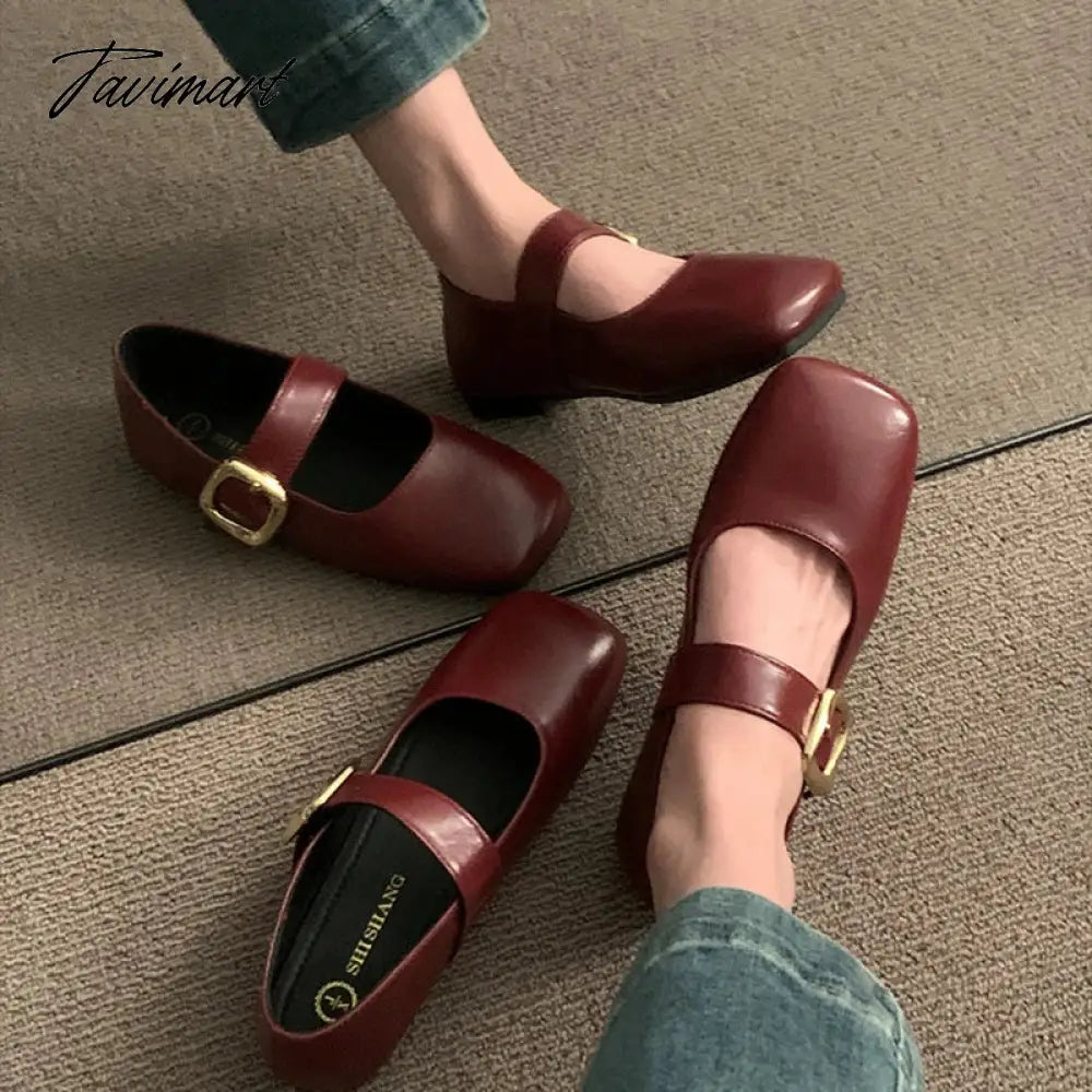 Vintage Women Mary Jane Shoes Fashion Elegant Shallow Square Toe Flats Ladies Comfort Soft Sole Belt Buckle Single Shoes
