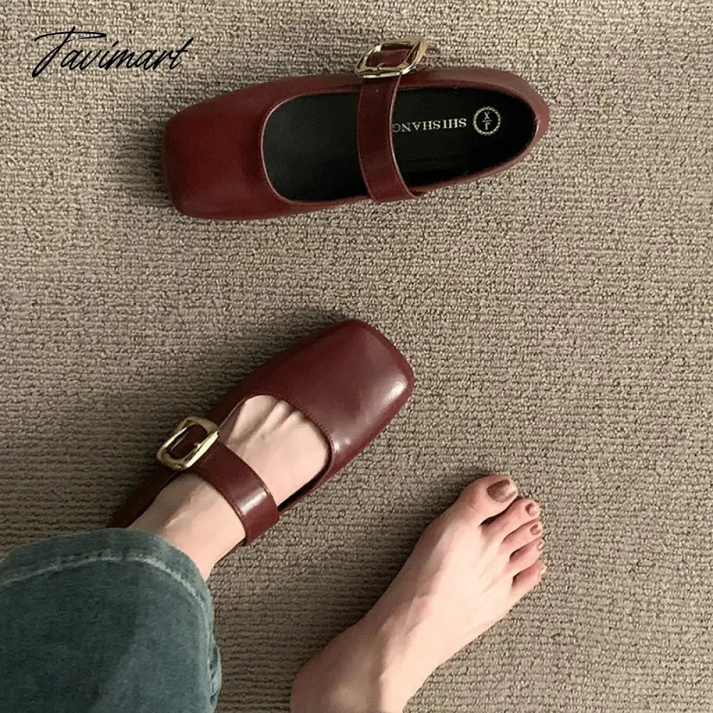 Vintage Women Mary Jane Shoes Fashion Elegant Shallow Square Toe Flats Ladies Comfort Soft Sole Belt Buckle Single Shoes