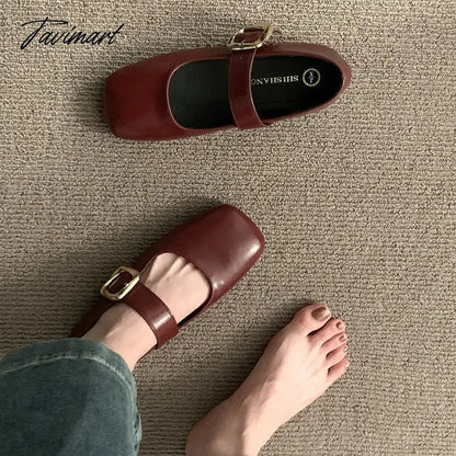 Vintage Women Mary Jane Shoes Fashion Elegant Shallow Square Toe Flats Ladies Comfort Soft Sole Belt Buckle Single Shoes