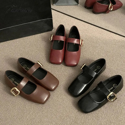 Vintage Women Mary Jane Shoes Fashion Elegant Shallow Square Toe Flats Ladies Comfort Soft Sole Belt Buckle Single Shoes