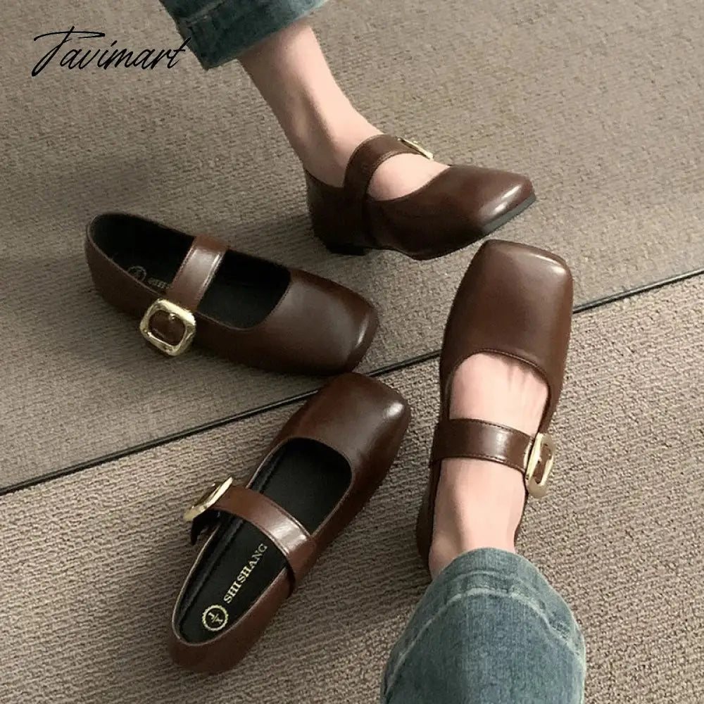 Vintage Women Mary Jane Shoes Fashion Elegant Shallow Square Toe Flats Ladies Comfort Soft Sole Belt Buckle Single Shoes