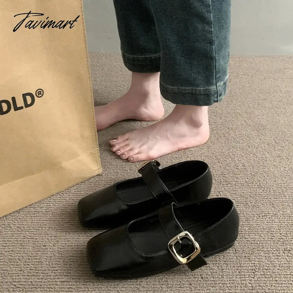 Vintage Women Mary Jane Shoes Fashion Elegant Shallow Square Toe Flats Ladies Comfort Soft Sole Belt Buckle Single Shoes