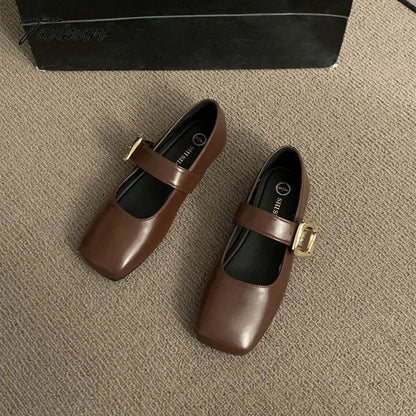 Vintage Women Mary Jane Shoes Fashion Elegant Shallow Square Toe Flats Ladies Comfort Soft Sole Belt Buckle Single Shoes