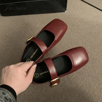 Vintage Women Mary Jane Shoes Fashion Elegant Shallow Square Toe Flats Ladies Comfort Soft Sole Belt Buckle Single Shoes