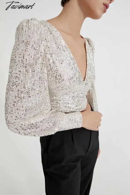 Vneck Blusas Long Sleeve Short Shirt Women Blouse Ins Fashion Blogger England Style Sequins Party Blouse Women And Tops