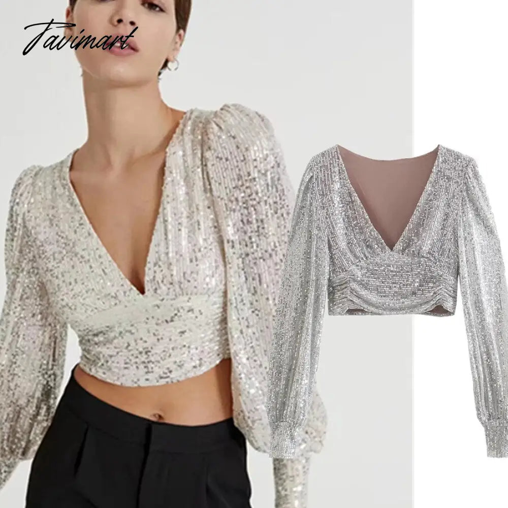 Vneck Blusas Long Sleeve Short Shirt Women Blouse Ins Fashion Blogger England Style Sequins Party Blouse Women And Tops