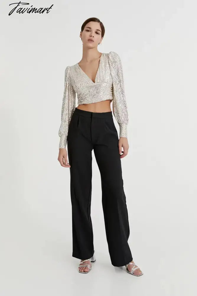 Vneck Blusas Long Sleeve Short Shirt Women Blouse Ins Fashion Blogger England Style Sequins Party Blouse Women And Tops
