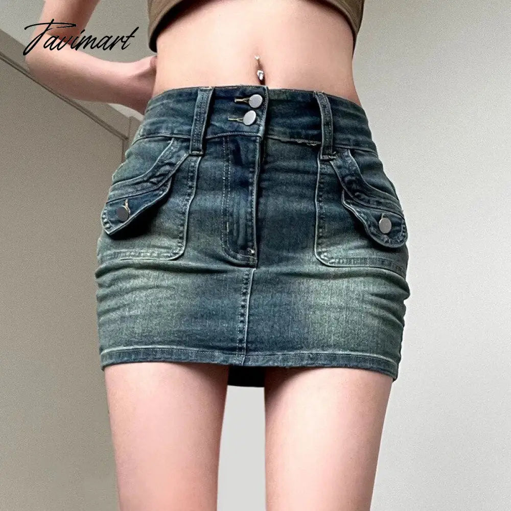 Washed Denim Skirts For Women Vintage Pocket Stitching A-line Mini Skirt Ladies Slim Fit Sexy Street Minifalda De Damas