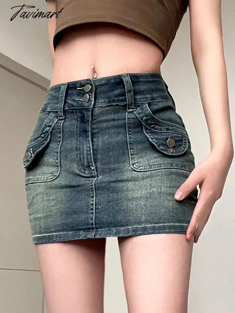 Washed Denim Skirts For Women Vintage Pocket Stitching A-line Mini Skirt Ladies Slim Fit Sexy Street Minifalda De Damas
