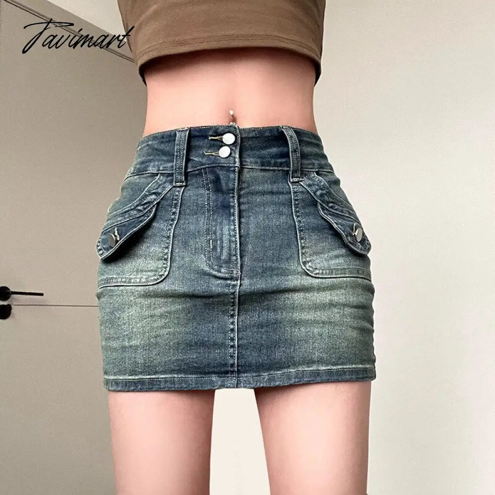 Washed Denim Skirts For Women Vintage Pocket Stitching A-line Mini Skirt Ladies Slim Fit Sexy Street Minifalda De Damas