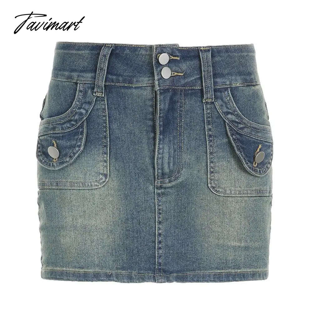 Washed Denim Skirts For Women Vintage Pocket Stitching A-line Mini Skirt Ladies Slim Fit Sexy Street Minifalda De Damas