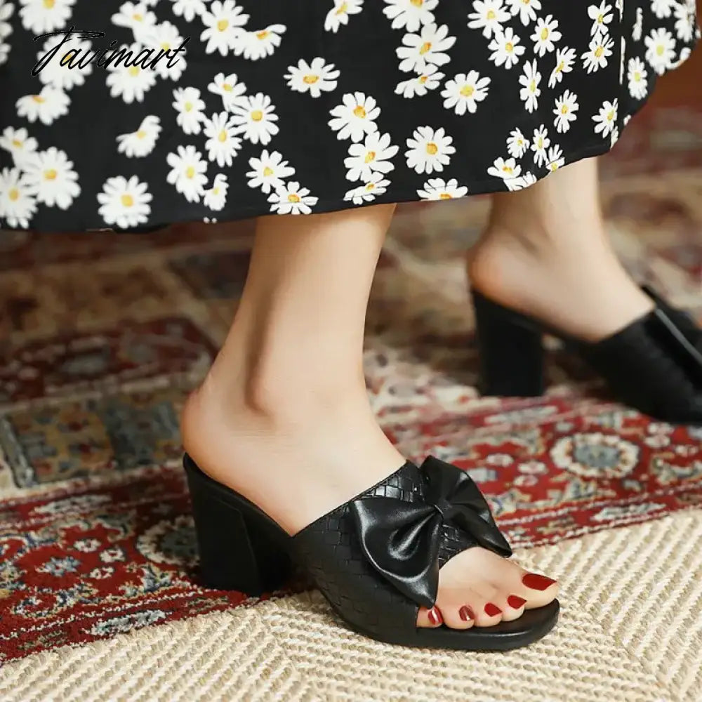 Weaved Pattern Open Toe Block High Heels Woman Slippers With Big Bowtie Woman Mules Slides Sandals Extra Big Size 46 47 48